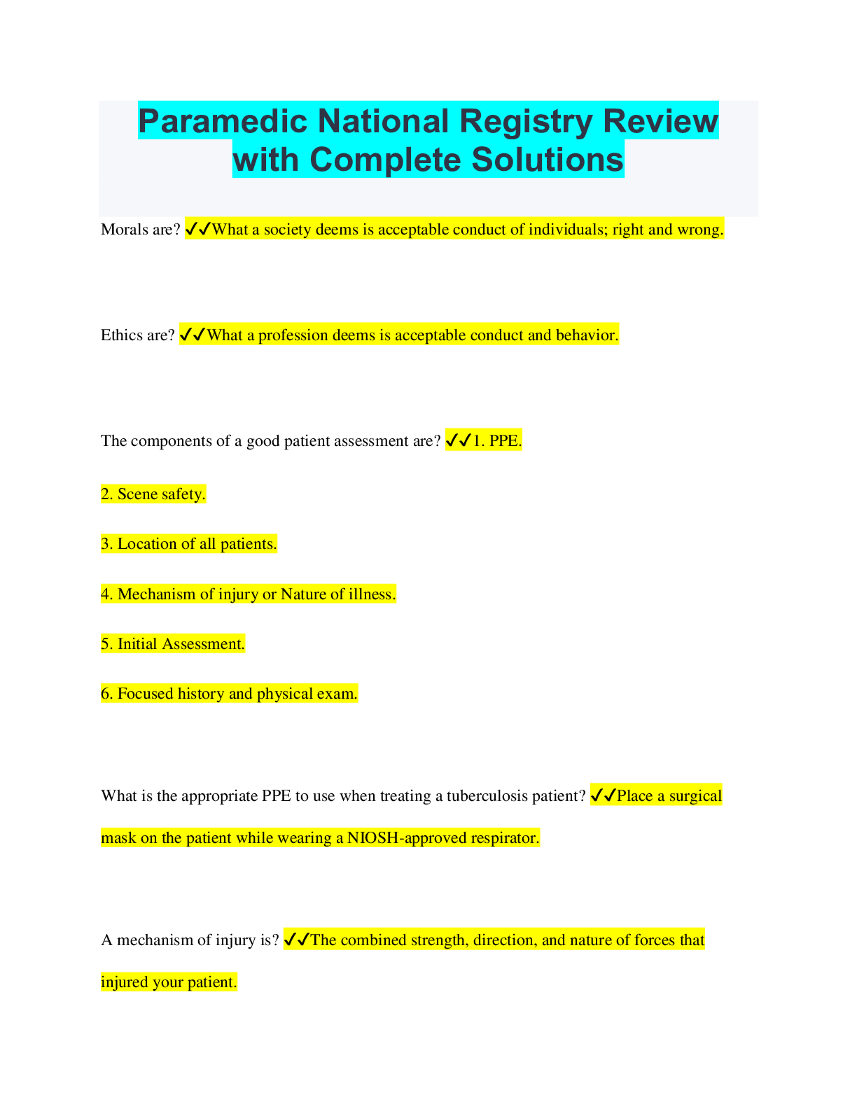 Preview image of Paramedic National Registry Review with Complete Solutions document